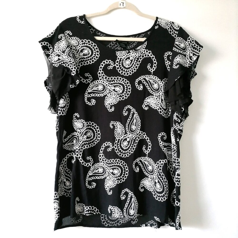 LIV Los Angeles Womens Black White paisley Embroidered Layered Sleeve Top Size L